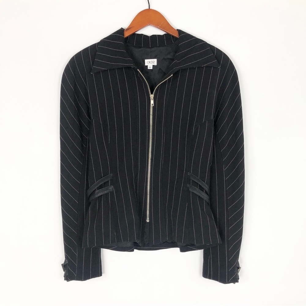 Vintage 90s Cache Pinstripe Jacket Zip Up Buckle Size 6 Black USA